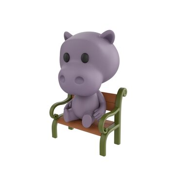 Cute 3D render Hippopotamus character sitting calmly on a bench, relaxed and peaceful pose, isolated on white background.