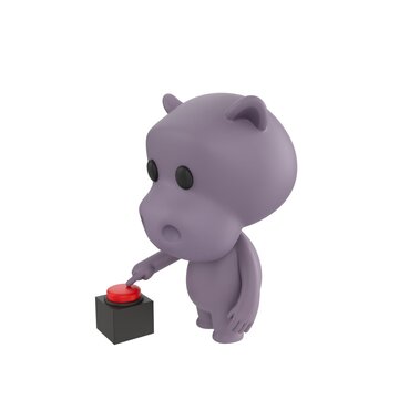 Cute 3D render Hippopotamus character pressing a red button with one finger, side view, focused and intentional action pose, isolated on white background.