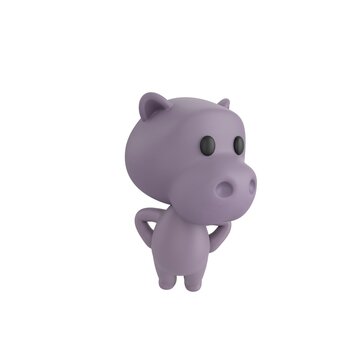 Cute 3D render Hippopotamus character standing with hands on hips, body facing forward while looking to the side, confident and thoughtful pose, isolated on white background.