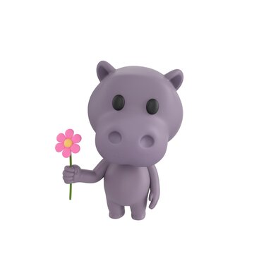 Cute 3D render Hippopotamus character standing and holding a flower, gentle and charming pose, isolated on white background.