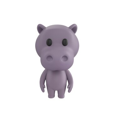 Cute 3D render Hippopotamuscharacter standing straight, front view, isolated on white background.
