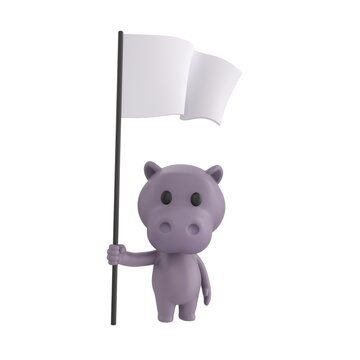 Cute 3D render Hippopotamus character standing and holding a white flag, neutral and symbolic pose, isolated on white background.