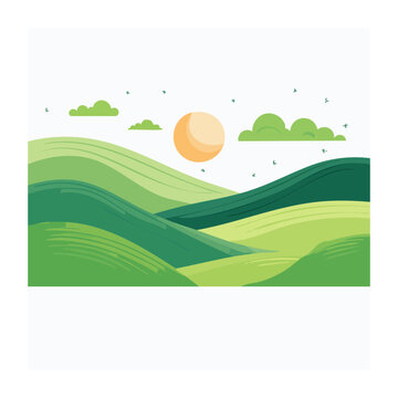 Flat design illustration of rolling green hills with sun and clouds