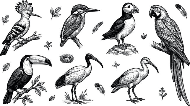 Vintage sketch birds vector illustration set with macaw toucan puffin kingfisher hoopoe and ibis hand drawn engraving isolated on white background