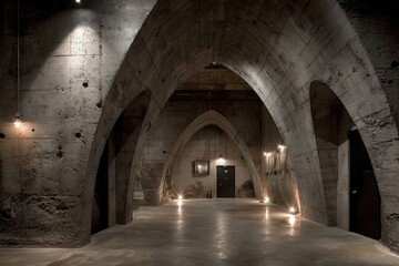 Obraz premium Underground tunnel with arched ceilings and dim lighting in a concrete structure