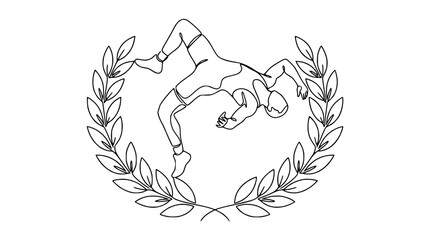 Fototapeta premium Wrestler Silhouette in Laurel Wreath - Continuous Line Art