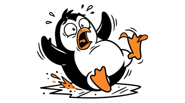 Shocked Cartoon Penguin Slipping on Ice in Comical Falling Pose