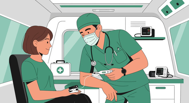 Medical Professional Checking Patient Vital Signs Inside Ambulance During Emergency Response