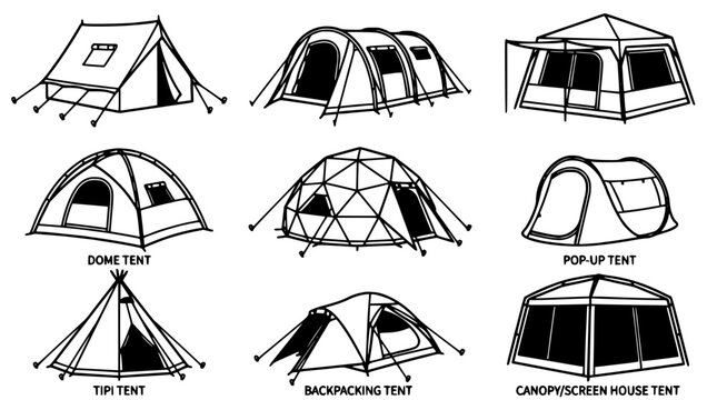 Tents Various Designs Illustration Showing Dome, Tipis, Backpacking, Pop-Up, and Canopy Screen House Tents