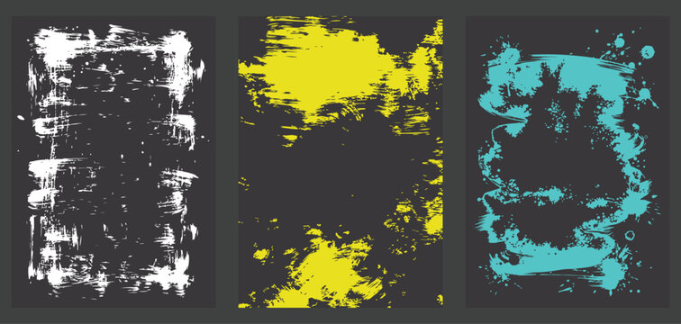 A striking triptych of flat vector splatter art featuring high-contrast white, vibrant yellow, and electric cyan against dark backgrounds for a modern graphic effect.