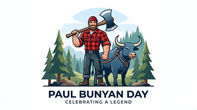 Paul Bunyan Day Banner Celebrating a Legendary Figure with Lumberjack and Babe the Blue Ox Illustration