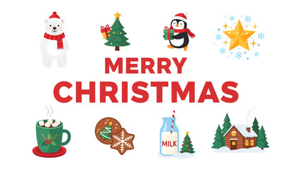 Fototapeta premium Merry Christmas Collection: A vibrant collection of Christmas-themed illustrations, featuring a polar bear, penguin, Christmas tree, star, snowflake, hot chocolate, gingerbread cookies, milk.