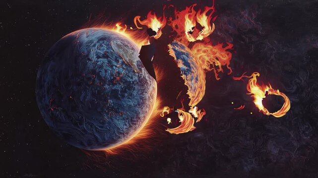 Dramatic artistic depiction of earth exploding in space with massive fire and energy