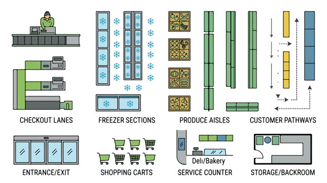 Supermarket floor plan icons, grocery store layout elements with checkout lanes and freezer sections, retail shop interior map vector set