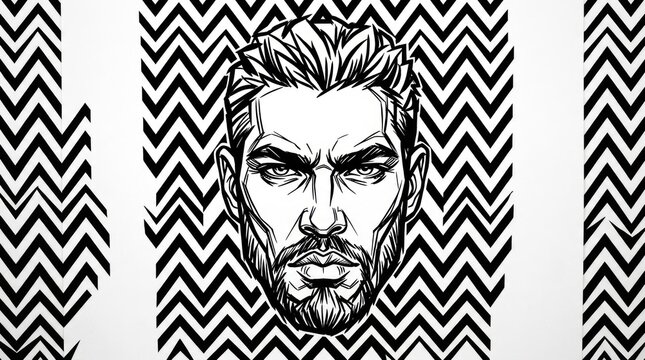 Abstract portrait of bearded man on chevron pattern background