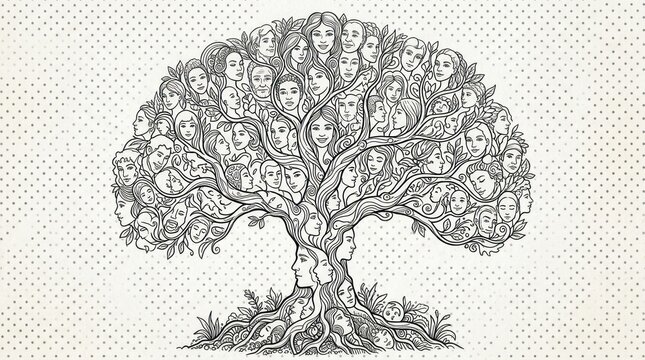 Detailed black and white drawing of a decorative tree with intricate patterns