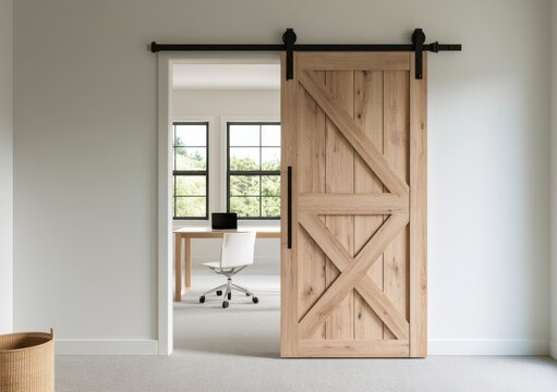 Modern light wood sliding barn door opening into a bright home office interior