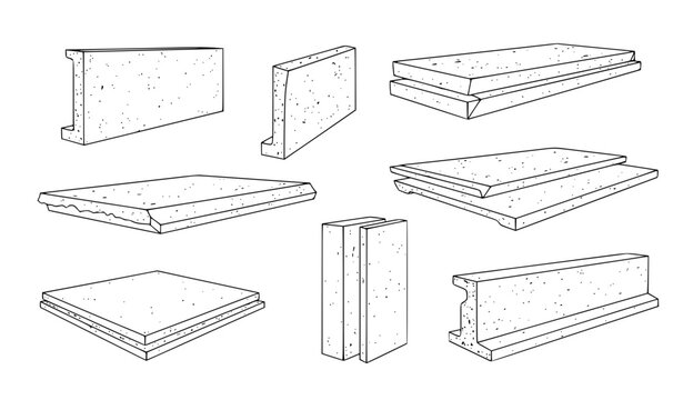 Precast Concrete Block and Construction Slab Line Art Vector Set for Civil Engineering Blueprints, Building Materials Supply, and Architectural Layout Designs