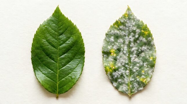 Two green tree leaves showing healthy texture and damaged surface with holes from garden insects. powdery mildew