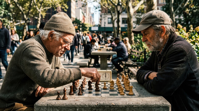 Senior man chess park game outdoor table strategy concentration player board two senior men play chess at stone table in urban park with focused expression