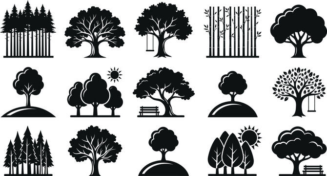 Park landscape elements with trees and bench silhouettes. outdoor public space icons for urban nature and relaxation themes