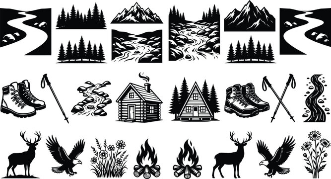 Outdoor camping and wilderness vector collection with mountains forest cabin hiking boots deer and eagle silhouettes