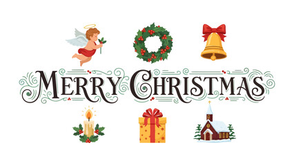 Fototapeta premium Merry Christmas Icons: A festive collection of classic Christmas symbols arranged artfully around a stylized Merry Christmas greeting, evoking the spirit of the holiday season.