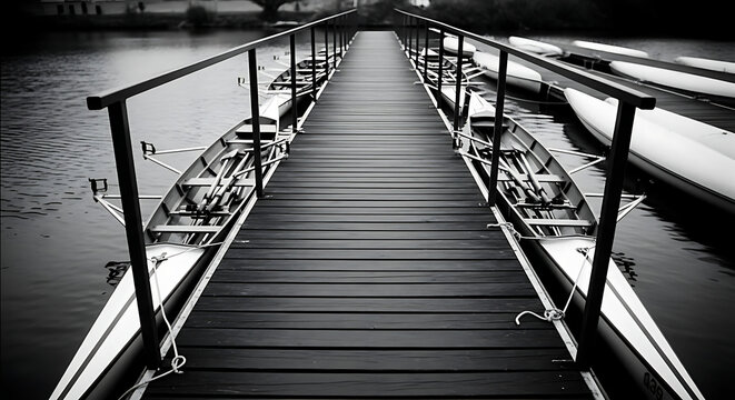 Symmetrical view of a wooden pier with rowing boats docked on both sides in black and white