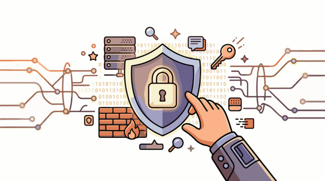 A hand holding a shield with a lock and various security symbols around it