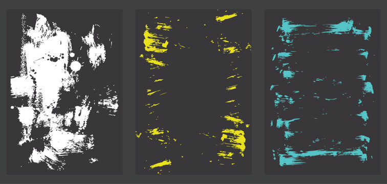A triptych of abstract flat vector brushstrokes in white, yellow, and cyan tones on dark backgrounds, emphasizing dynamic graphic design elements.