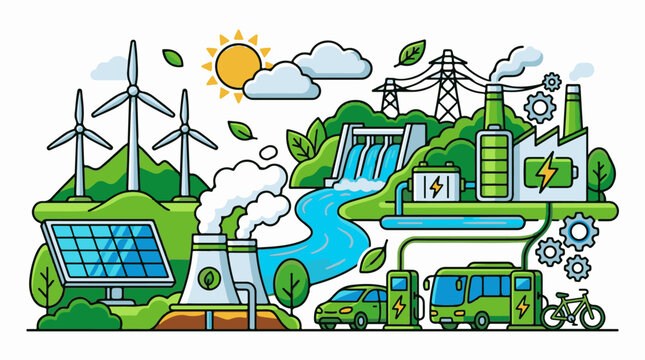 A colorful cartoon illustration of renewable energy sources and eco-friendly transportation