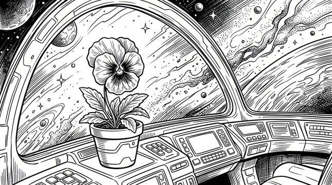 Sci fi flower in spaceship cockpit with cosmic view