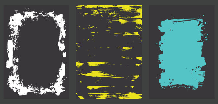 A triptych of bold, abstract vector brushstrokes in white, yellow, and cyan against a black background, emphasizing texture and fluidity in flat design.