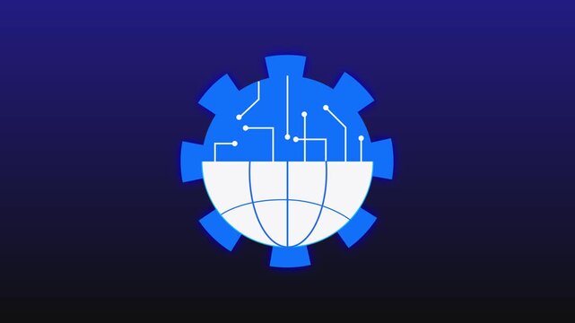 Digital globe and gear icon with circuit board lines. Technical digital globe and gear icon for global engineering communications networks. Tech digital globe icon.