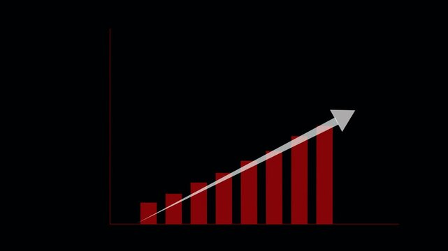 Bar chart with upward arrow and programming code on black. Financial bar chart with upward arrow for company database application updates. Corporate bar chart with code.