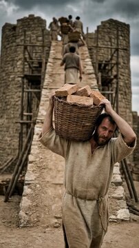 Worker carrying a basket of bricks for the construction of the Tower of Babel. Ancient laborers building a massive stone structure in a biblical desert scene. Vertical video