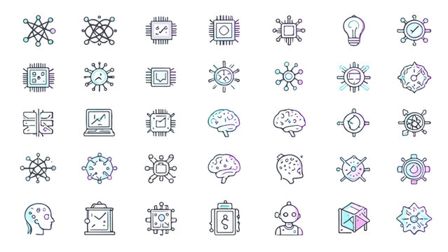 AI and Quantum Computing Minimalist Vector Icon Set with Machine Learning Symbols