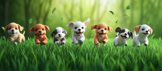 Naklejka premium Group of Happy Puppies Running Through Green Grass