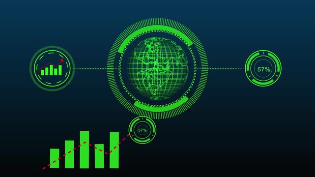Green digital interface with globe charts on dark background. Technical green digital interface with globe charts for global data analytics dashboard. Tech data screen.