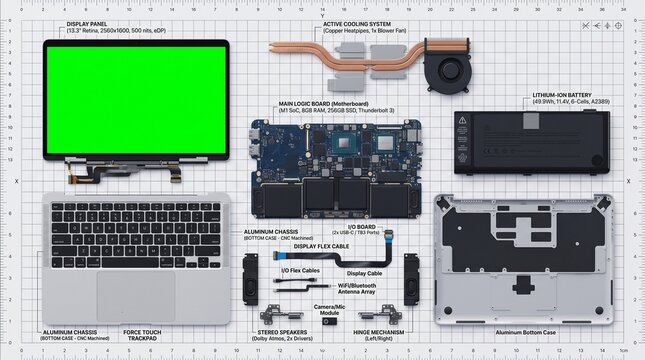An organized engineering technical render showing the components of a compact laptop separated on a millimeter grid sheet, featuring the aluminum chassis, logic board, stereo speakers, and a chroma ke