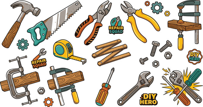 Handyman carpentry tools vector sticker set with hammer hand saw tape measure pliers wood clamps screwdrivers and workshop emblems.