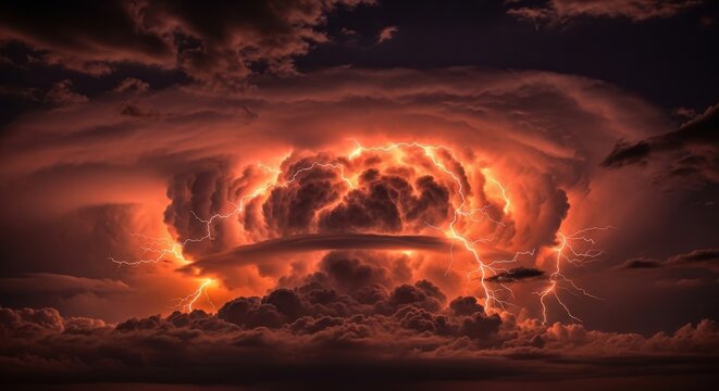 Massive Thunderhead With Intense Lightning Strikes In A Fiery Sky