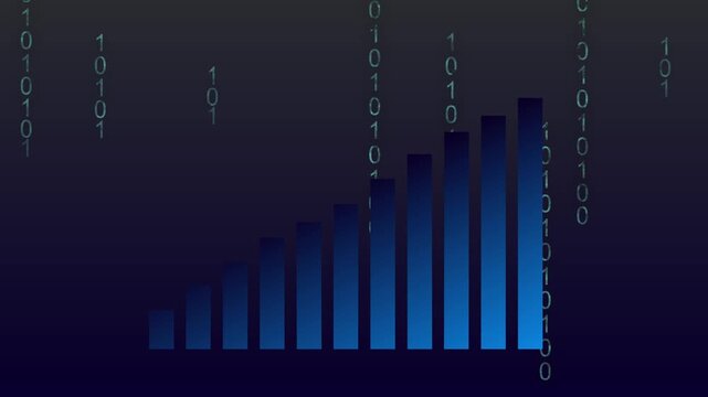 Blue bar graph with falling binary code on dark background. Financial blue bar graph with falling binary code for crypto currency trading values. Tech blue bar graph.