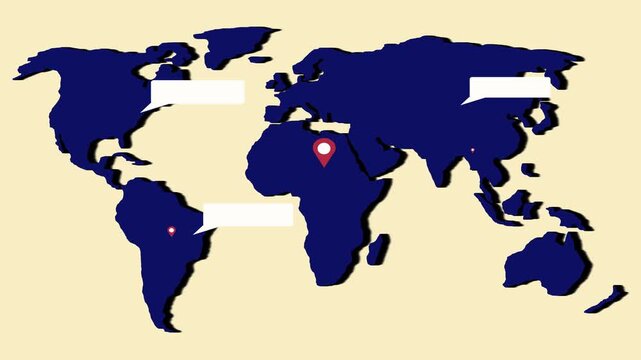 World map with location pins and speech bubbles on cream. Global world map with location pins for international corporate networking plans. Professional world map graphic.