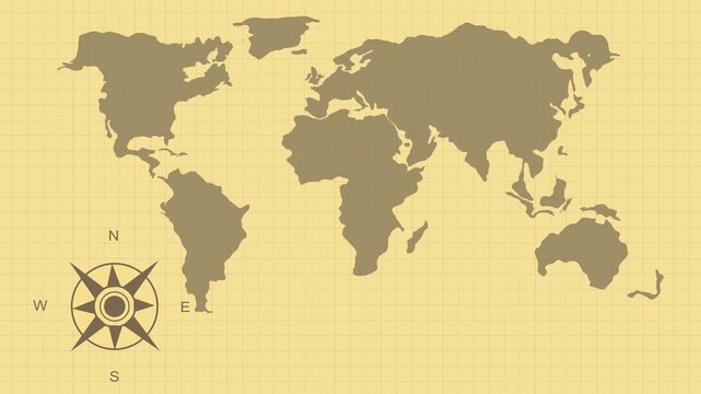 Vintage world map with compass rose on yellow grid paper. Retro vintage world map with compass rose for historical cartography exploration themes. Antique world map graphic.