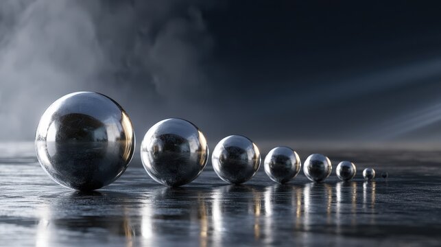 Row of reflective chrome spheres of decreasing size on a dark wet surface with dramatic lighting
