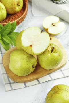 Fresh Green Pears with Dew on Marble - Healthy Produce