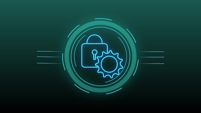 Glowing cyan lock and gear icon on abstract background. Protected glowing cyan lock and gear icon for database encryption security systems. Cyber cyan padlock symbol.