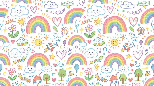 Cute doodle seamless pattern for kids with pastel rainbows clouds sun airplanes rockets houses flowers hearts textile background vector.