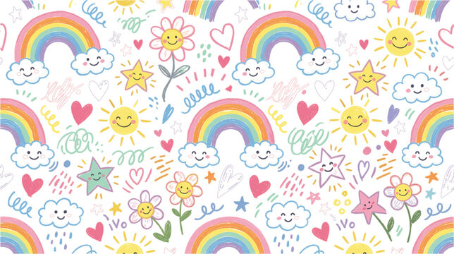 Cute hand drawn doodle seamless pattern with rainbows clouds sun stars hearts flowers for kids wallpaper background textile design.
